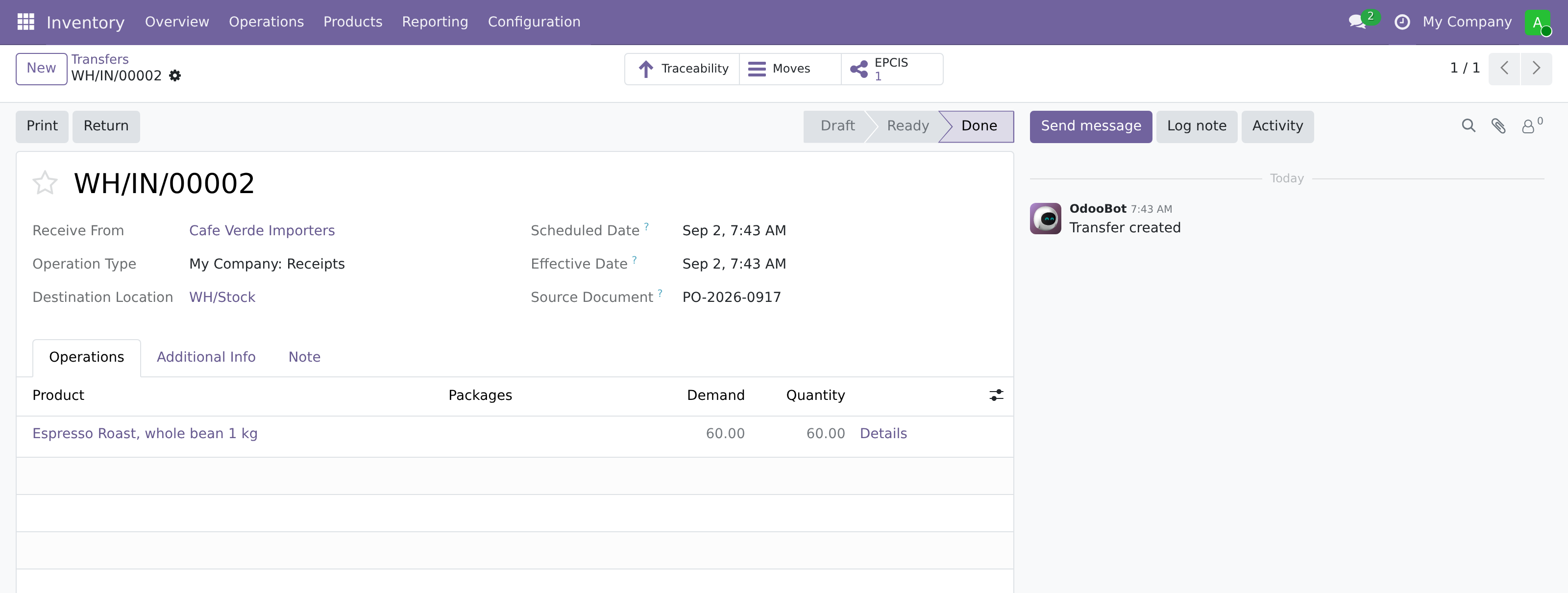A validated receipt in Odoo