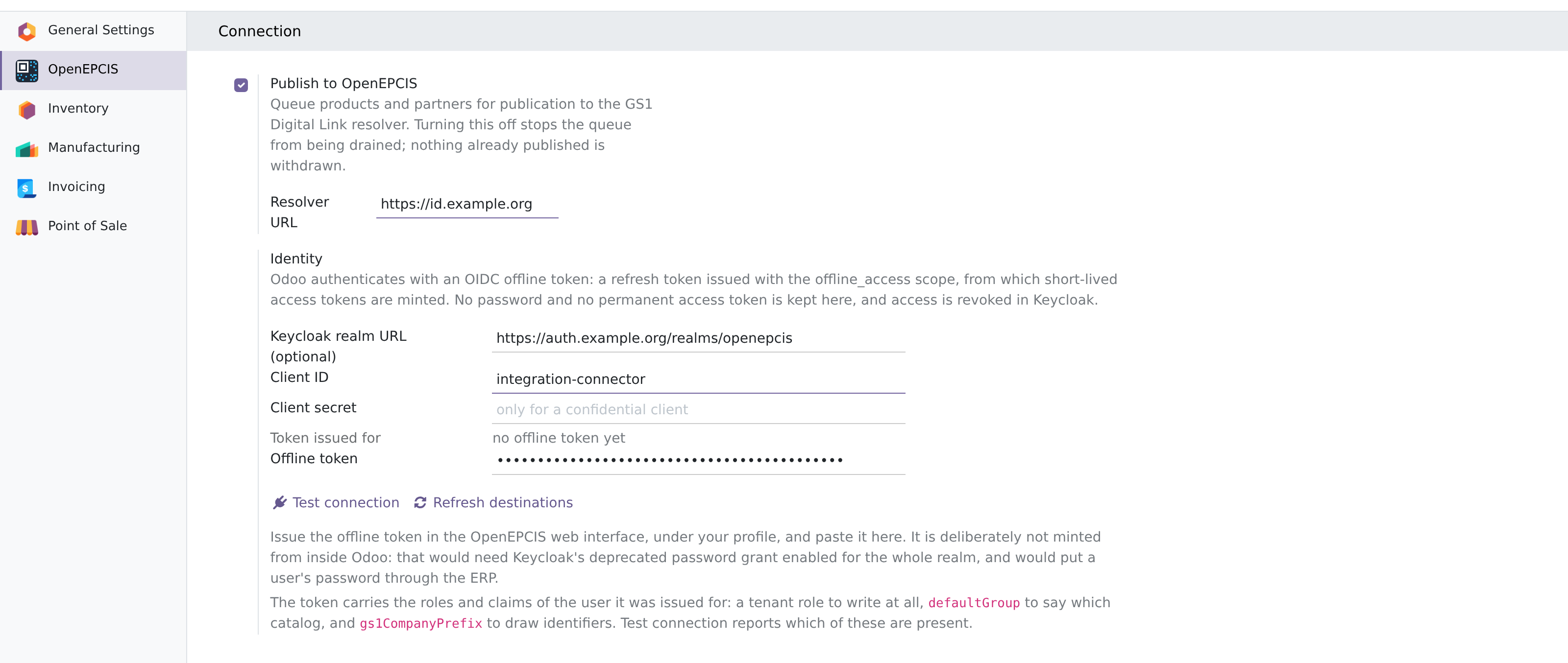 The OpenEPCIS connection settings in Odoo