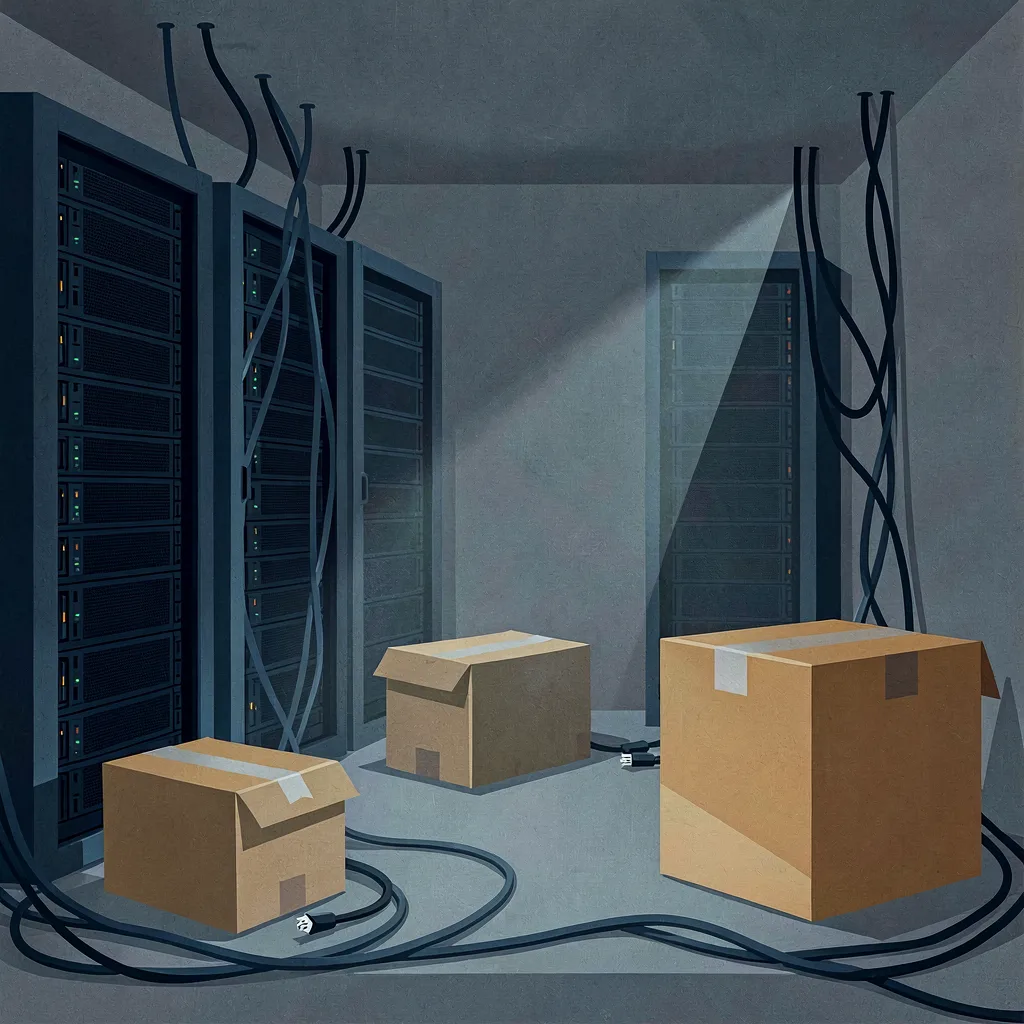 A dim data centre of switched-off server racks and unplugged cables, with abandoned cardboard boxes on the floor