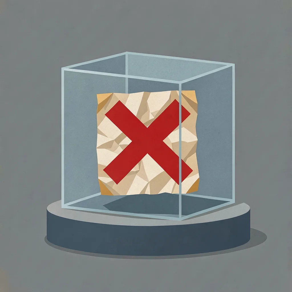 A crumpled sheet of paper stamped with a red X, sealed inside a locked glass case, immutable but still wrong