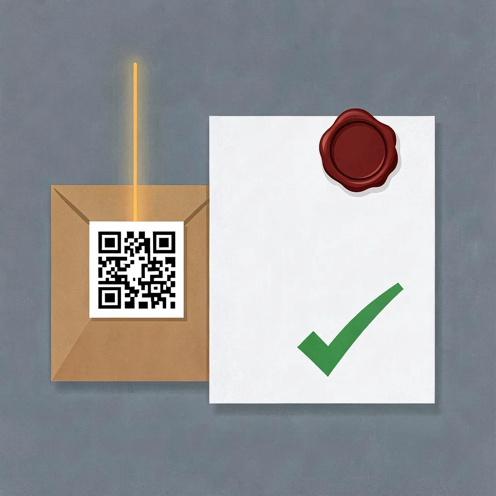 A parcel with a QR-code label linked to a wax-sealed certificate marked with a green check