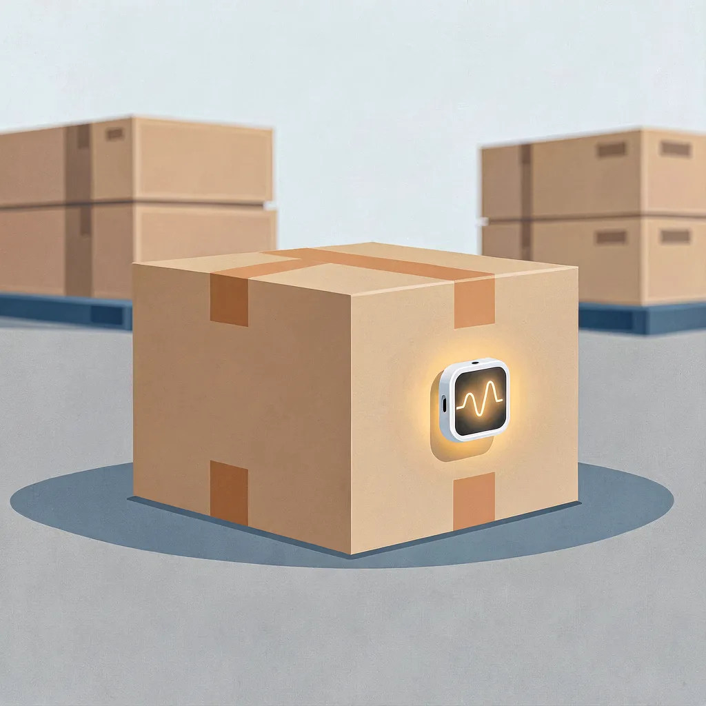 A shipping box with an attached sensor showing its condition as a pulse line